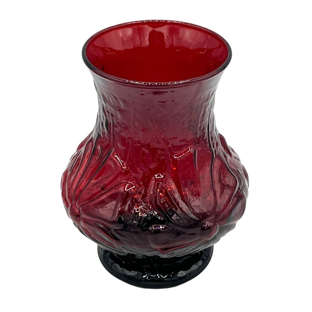 Vintage Anchor Hocking Ruby Red Glass Vase 5 1/4" Tall Floral Design Textured - Picture 2 of 7